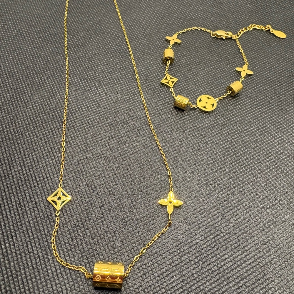 Gold Plated Stainless Steel Necklace and Bracelet Set